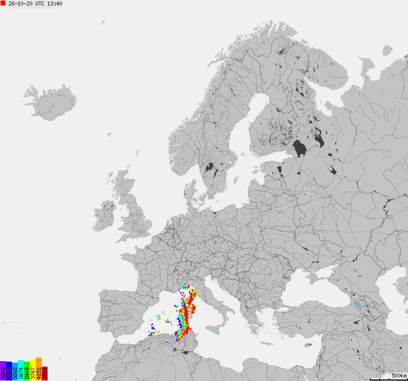 Mapa wyładowań atmosferycznych na obszarze Europy