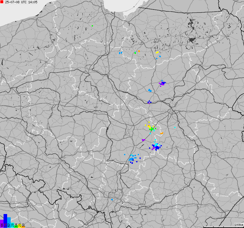 Mapa wyładowań atmosferycznych na obszarze Polski