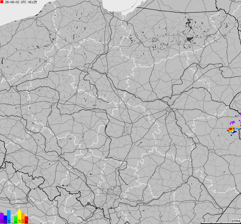Mapa wyładowań atmosferycznych na obszarze Polski