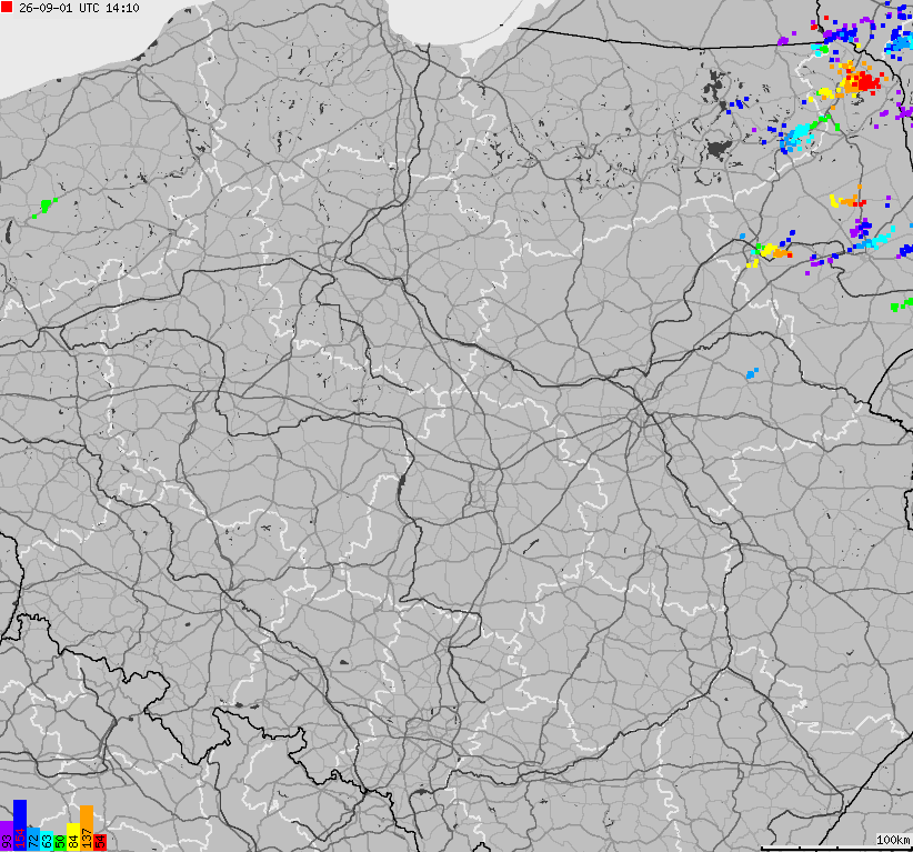Mapa wyładowań atmosferycznych na obszarze Polski