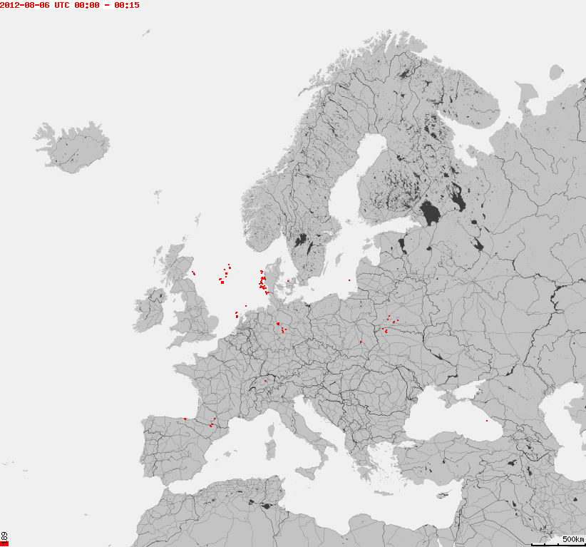 Mapa Europy animowana, wyładowania atmosferyczne