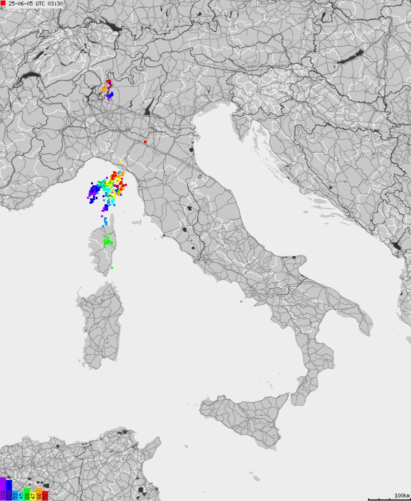 Map of lightnings across Italy
