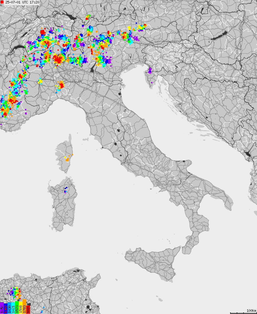 Map of lightnings across Italy
