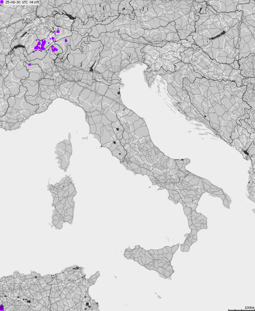 Mapa wyładowań atmosferycznych na obszarze Włoch