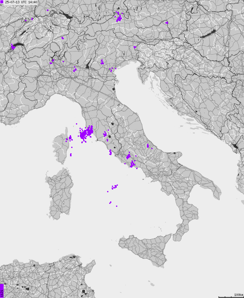 Map of lightnings across Italy
