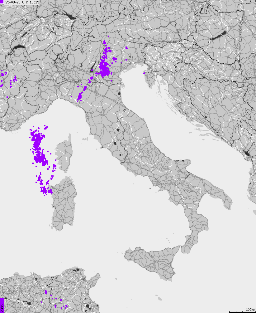 Map of lightnings across Italy