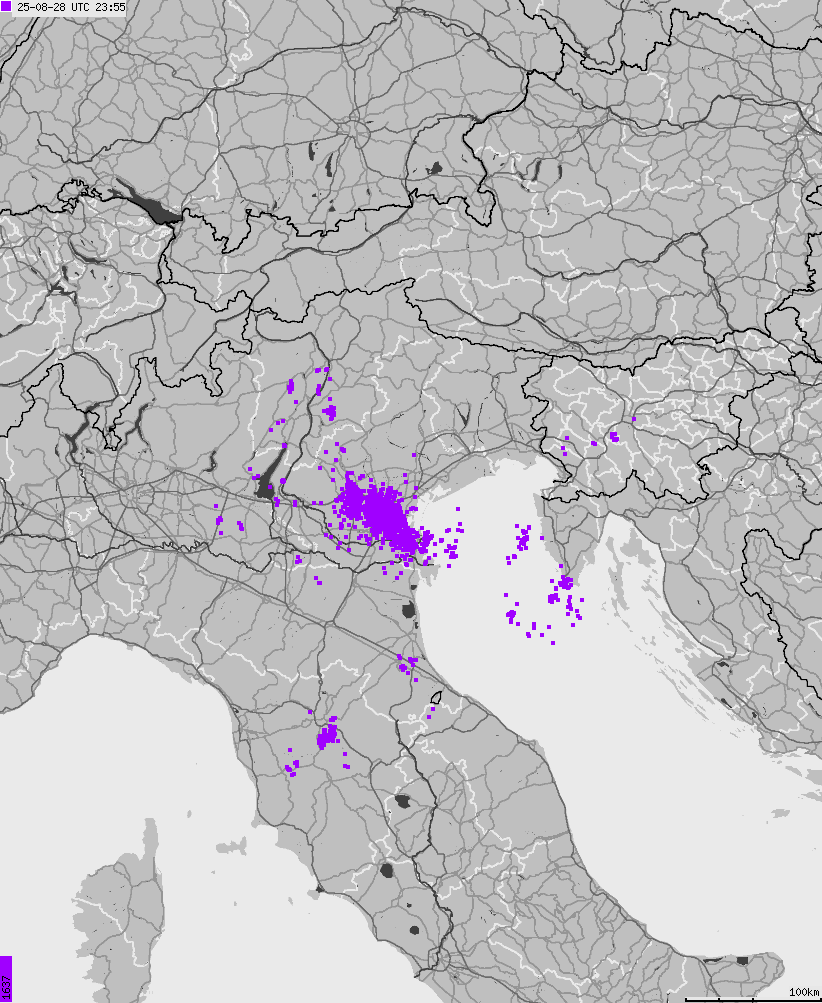 Map of lightnings across Italy