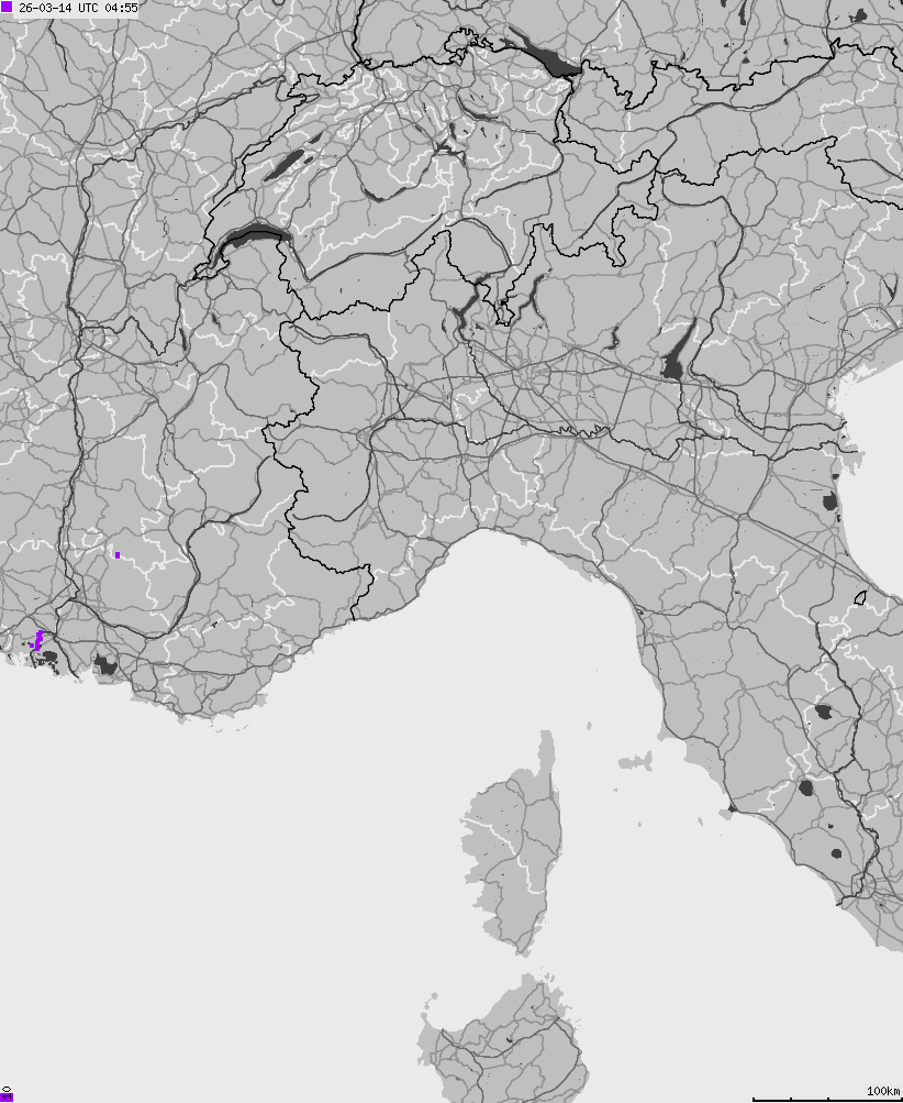 Mapa wyładowań atmosferycznych na obszarze Włoch
