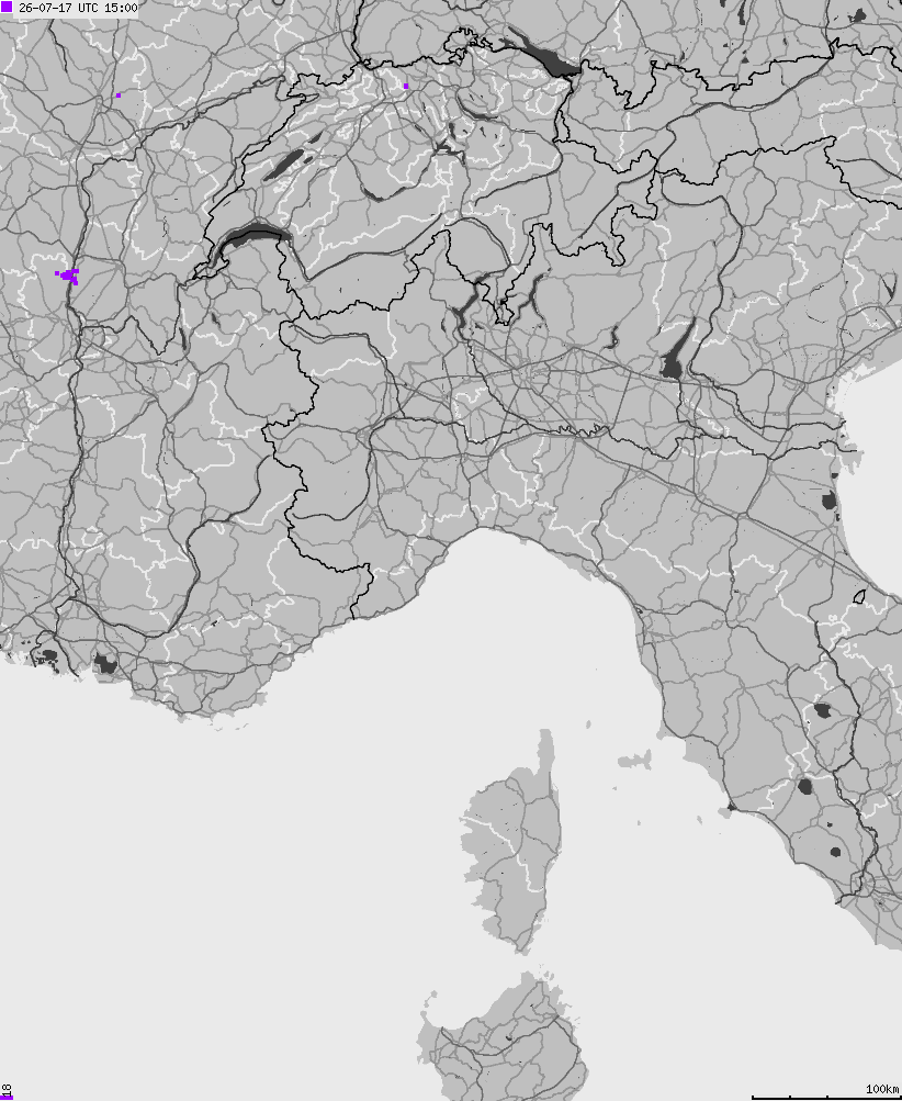 Mapa wyładowań atmosferycznych na obszarze Włoch