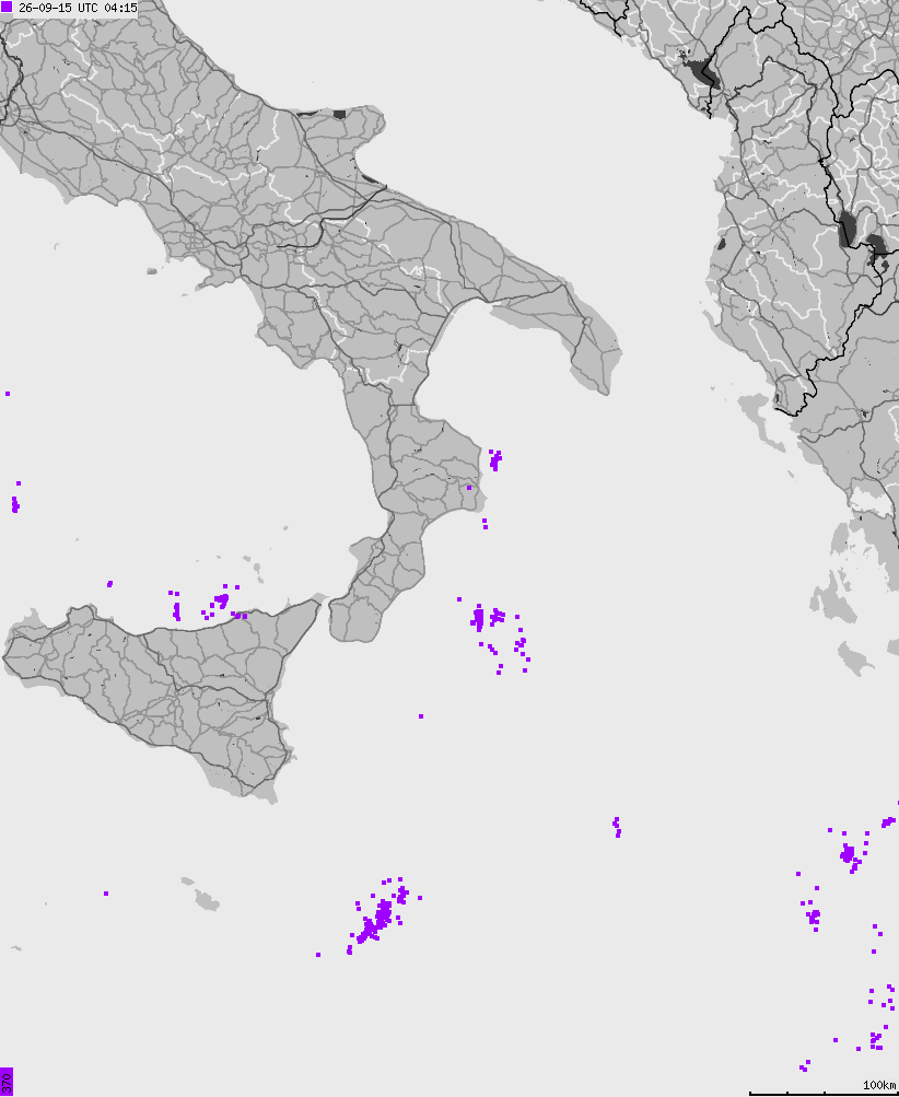 Mapa wyładowań atmosferycznych na obszarze Włoch