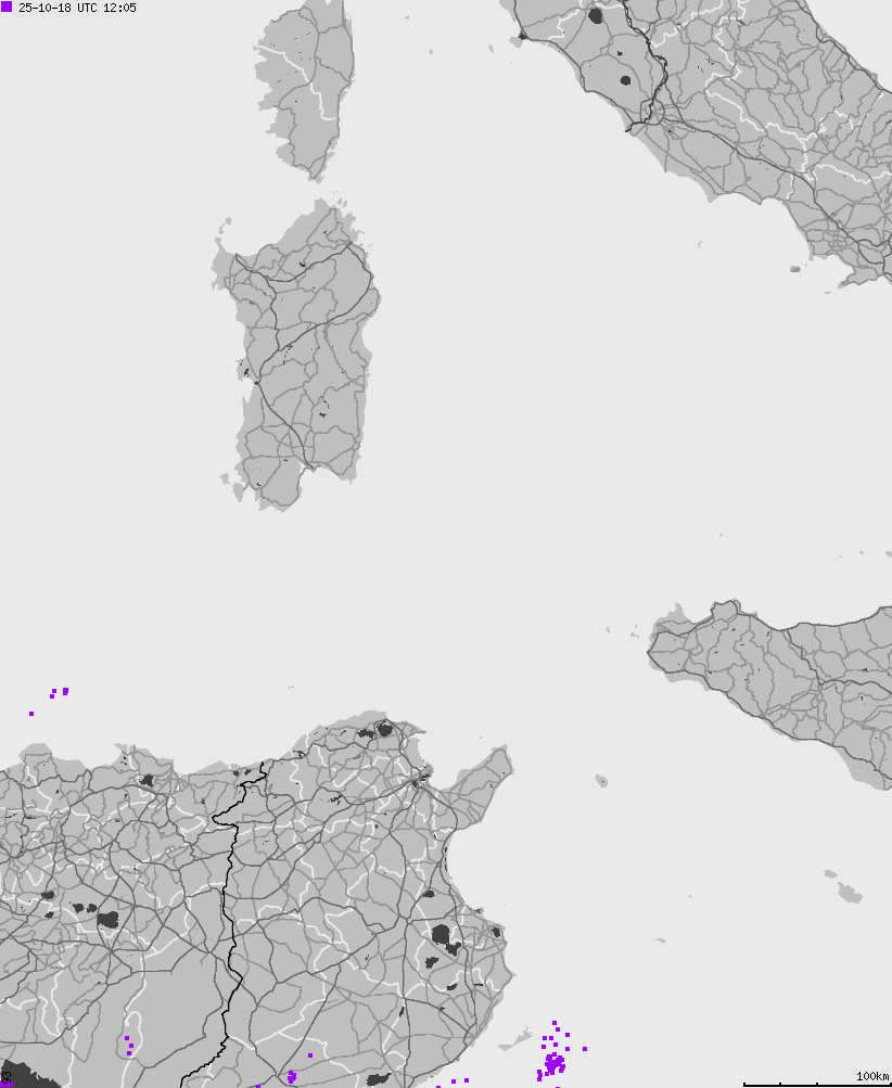 Mapa wyładowań atmosferycznych na obszarze Włoch