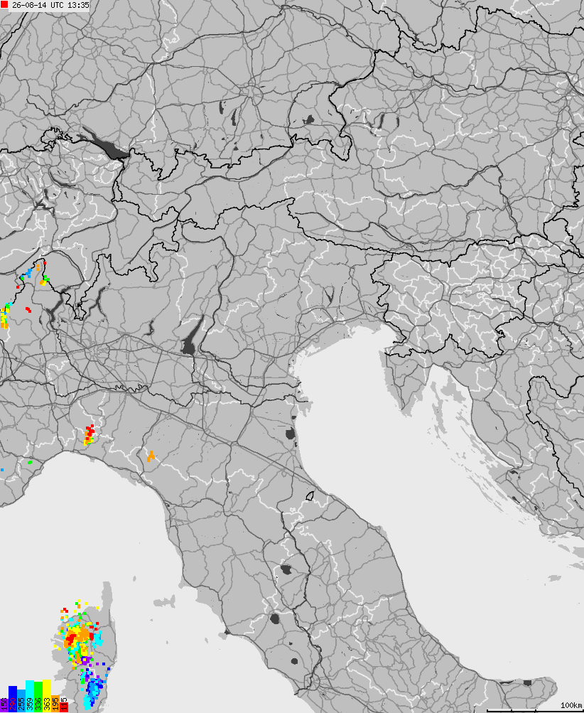 Mapa wyładowań atmosferycznych na obszarze Włoch