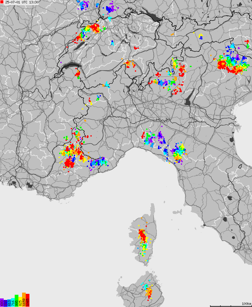 Map of lightnings across Italy