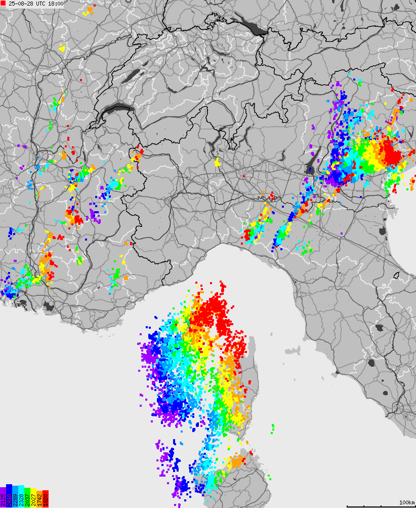 Map of lightnings across Italy