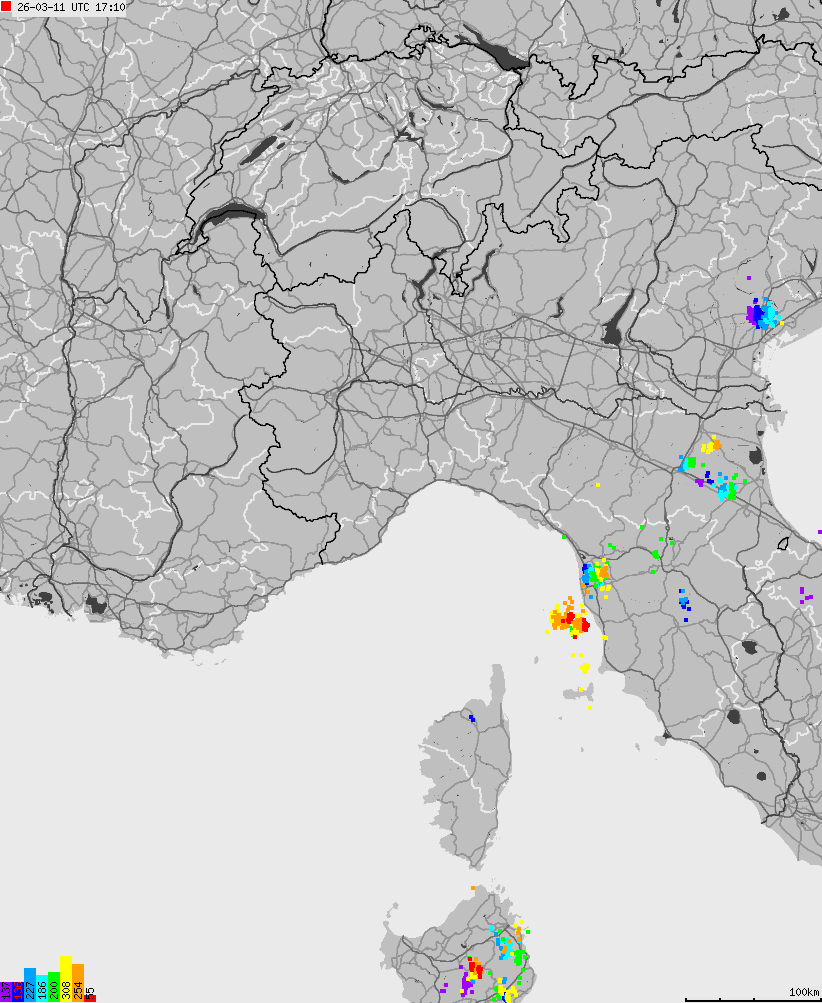 Map of lightnings across Italy
