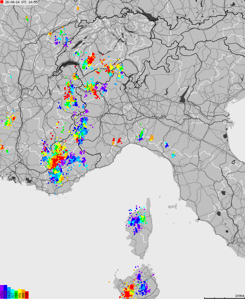 Mapa wyładowań atmosferycznych na obszarze Włoch