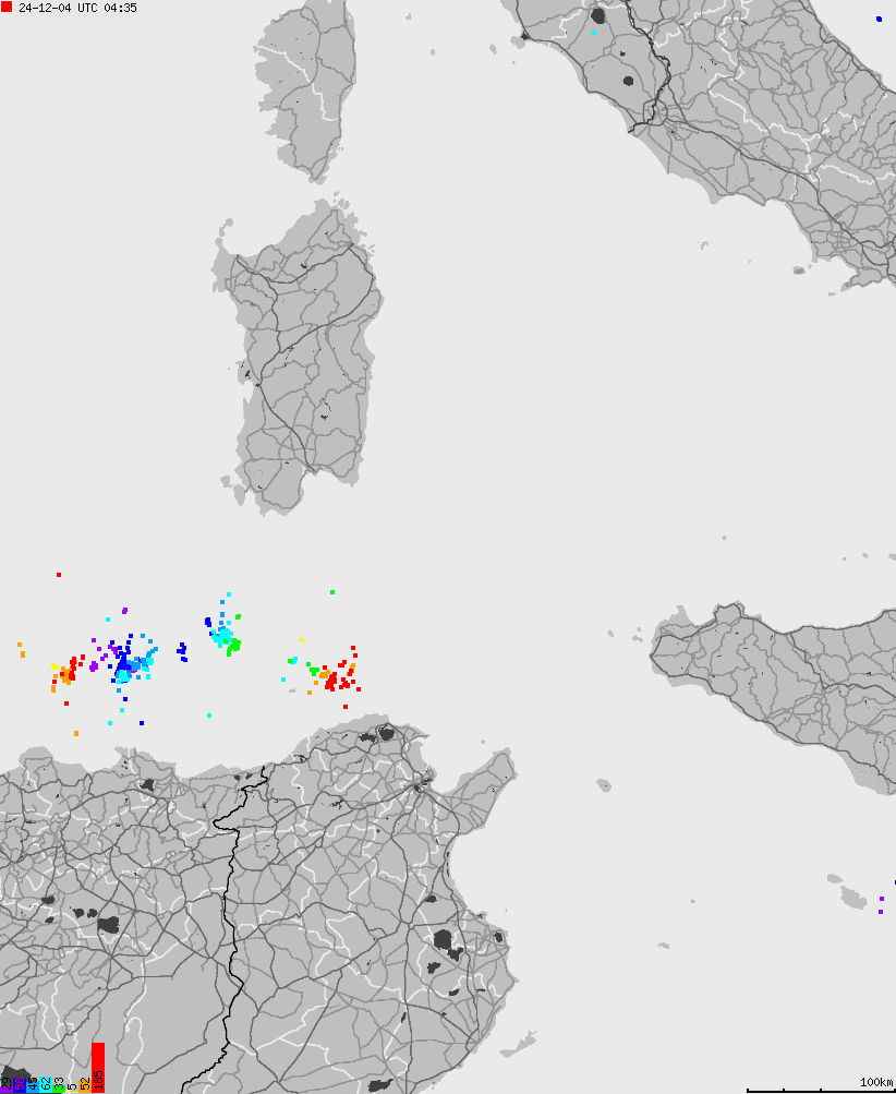 Mapa wyładowań atmosferycznych na obszarze Włoch