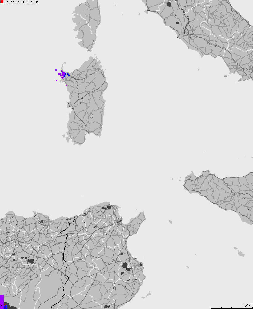 Mapa wyładowań atmosferycznych na obszarze Włoch