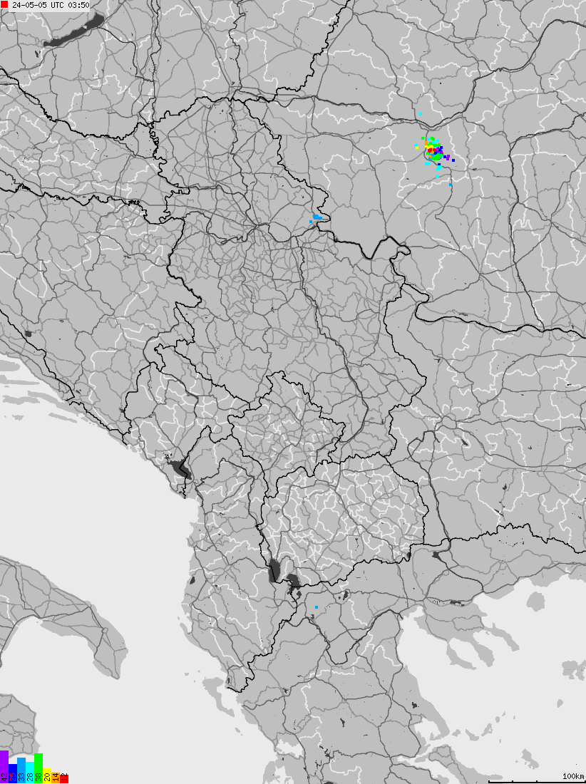 Mapa wyładowań atmosferycznych na obszarze Albanii, Czarnogóry, Kosowa, Macedonii, Serbii