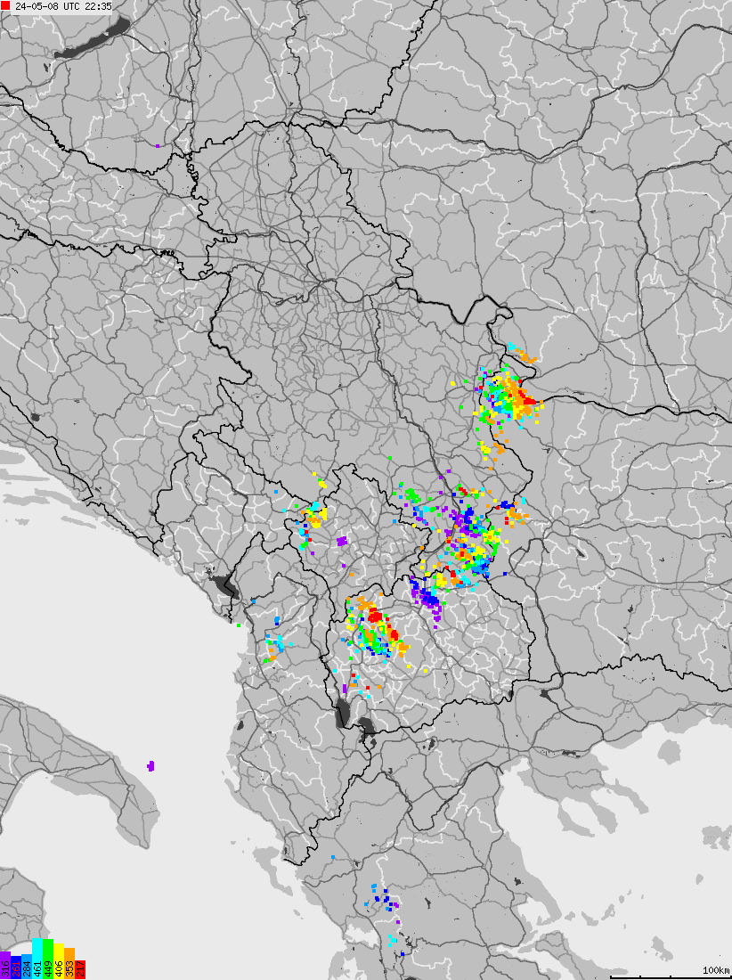 Mapa wyładowań atmosferycznych na obszarze Albanii, Czarnogóry, Kosowa, Macedonii, Serbii