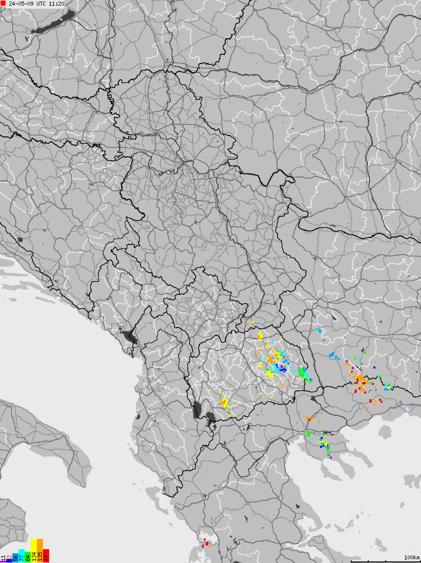 Map of lightnings across Albania, Kosovo, Montenegro, Northern Macedonia, Serbia