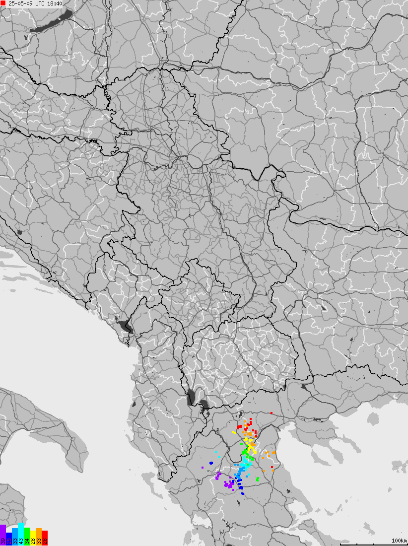 Map of lightnings across Albania, Kosovo, Montenegro, Northern Macedonia, Serbia