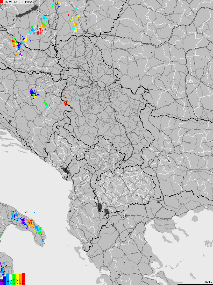 Mapa wyładowań atmosferycznych na obszarze Albanii, Czarnogóry, Kosowa, Macedonii, Serbii
