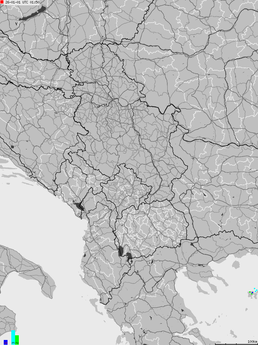 Map of lightnings across Albania, Kosovo, Montenegro, Northern Macedonia, Serbia