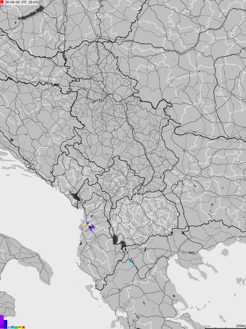 Map of lightnings across Albania, Kosovo, Montenegro, Northern Macedonia, Serbia