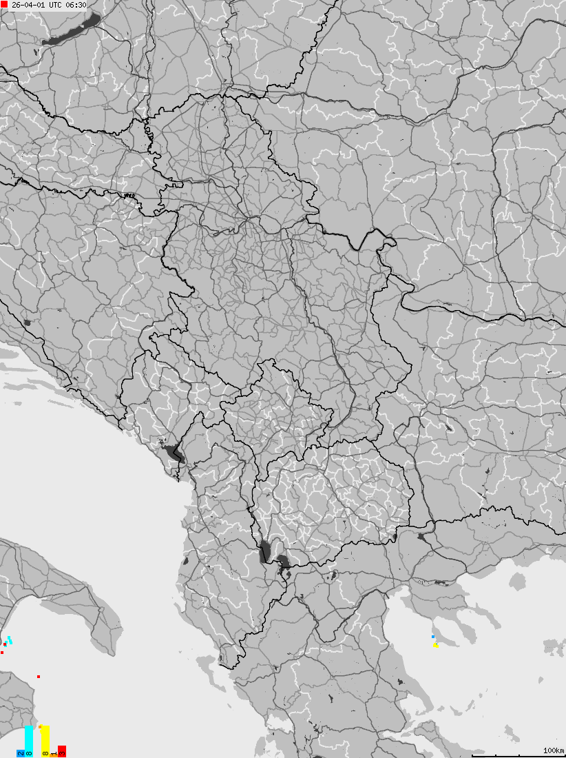 Map of lightnings across Albania, Kosovo, Montenegro, Northern Macedonia, Serbia