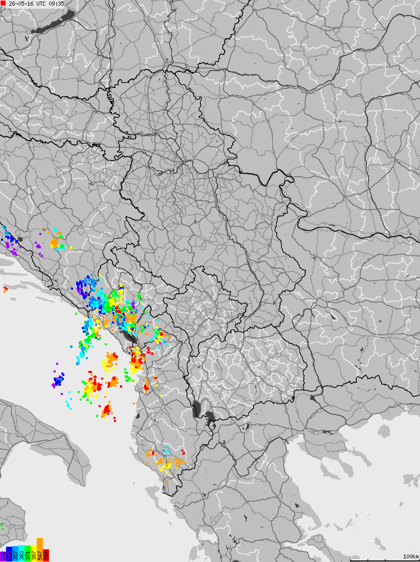 Map of lightnings across Albania, Kosovo, Montenegro, Northern Macedonia, Serbia