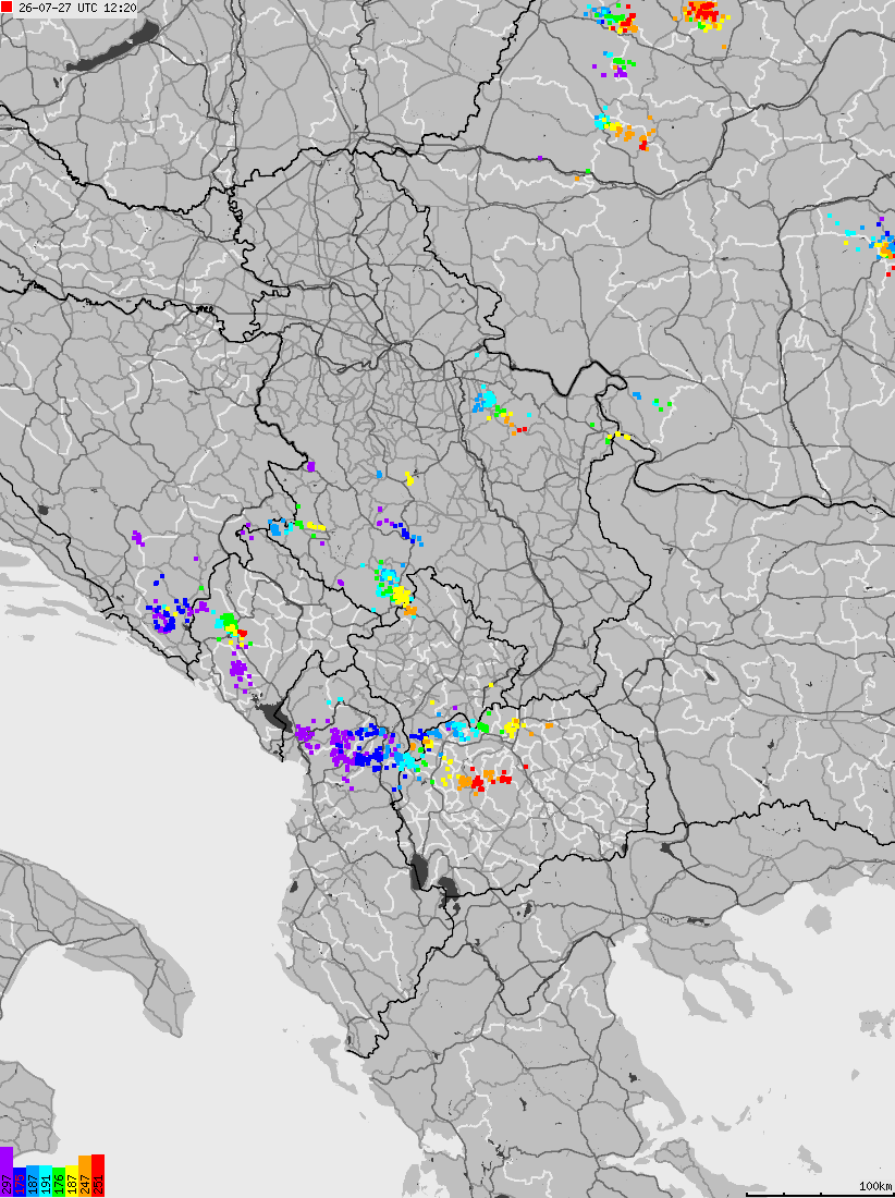 Mapa wyładowań atmosferycznych na obszarze Albanii, Czarnogóry, Kosowa, Macedonii, Serbii