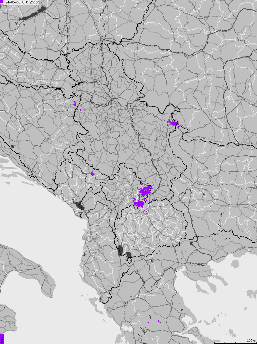 Map of lightnings across Albania, Kosovo, Montenegro, Northern Macedonia, Serbia