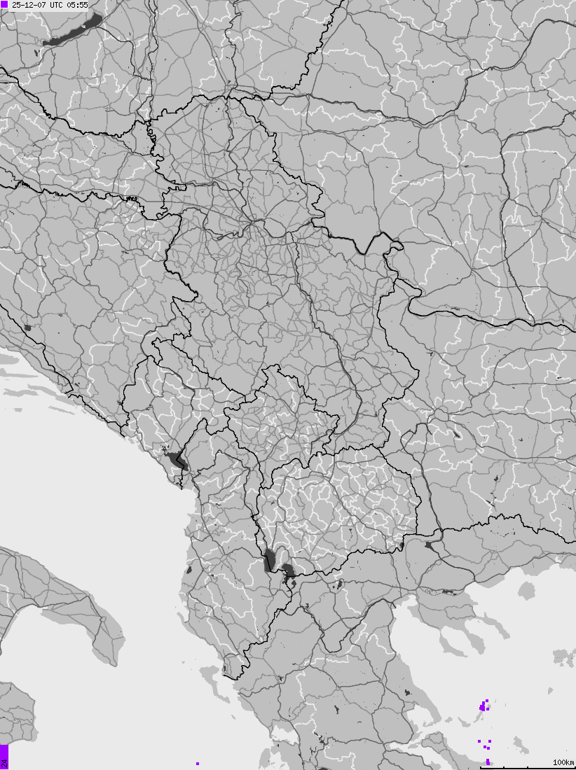 Mapa wyładowań atmosferycznych na obszarze Albanii, Czarnogóry, Kosowa, Macedonii, Serbii