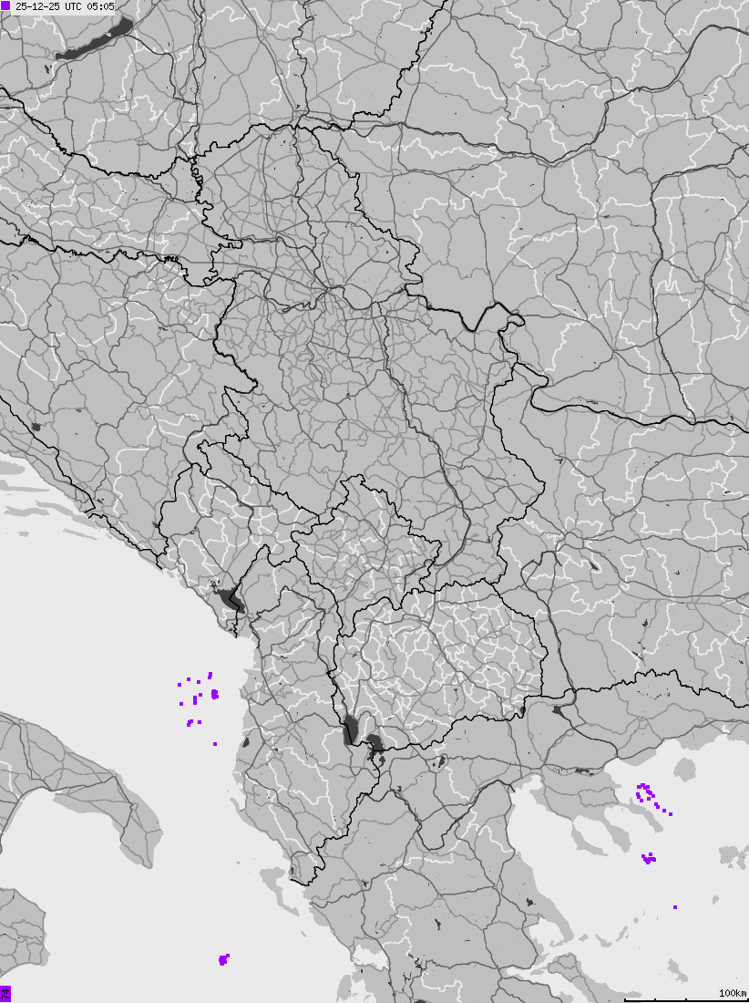 Map of lightnings across Albania, Kosovo, Montenegro, Northern Macedonia, Serbia
