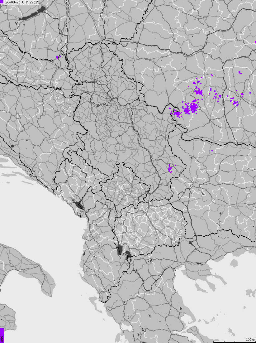 Map of lightnings across Albania, Kosovo, Montenegro, Northern Macedonia, Serbia