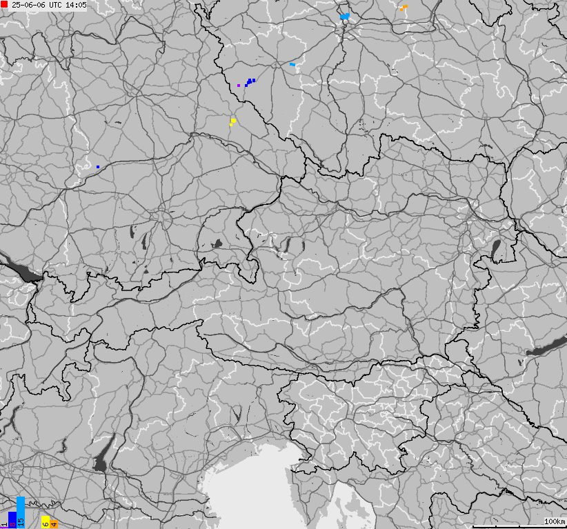 Mapa wyładowań atmosferycznych na obszarze Austrii