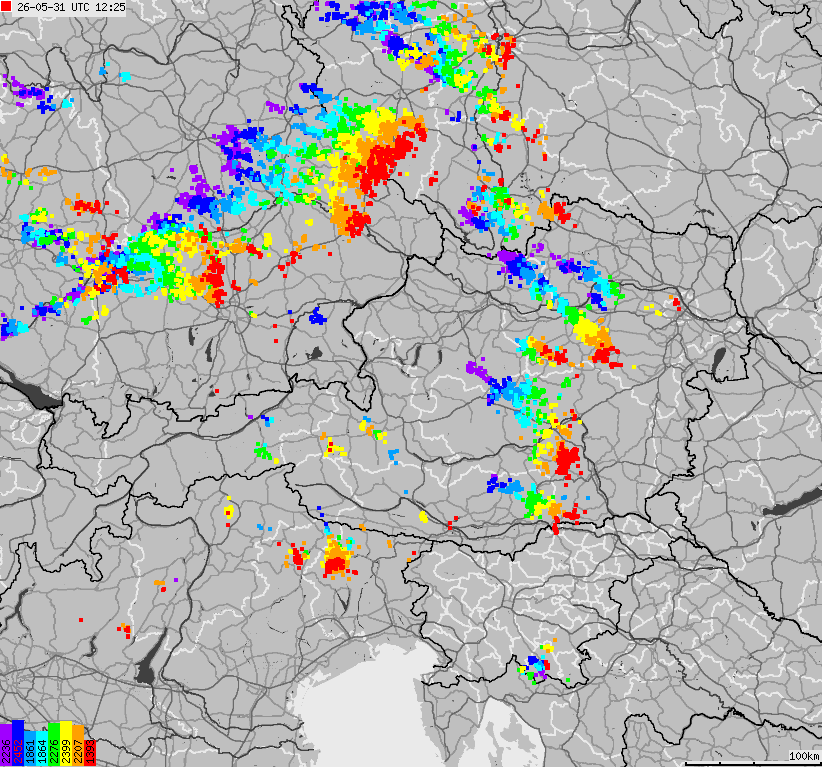 Mapa wyładowań atmosferycznych na obszarze Austrii