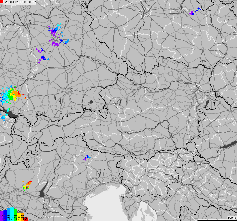 Mapa wyładowań atmosferycznych na obszarze Austrii