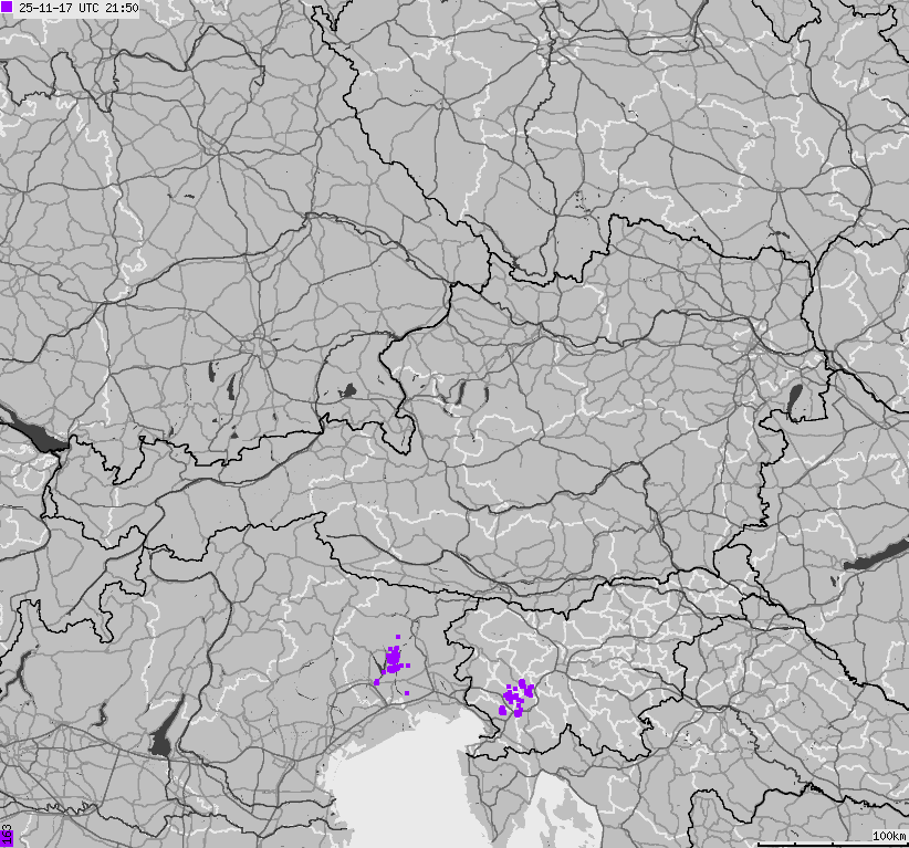 Mapa wyładowań atmosferycznych na obszarze Austrii
