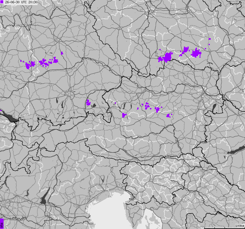Map of lightnings across Austria
