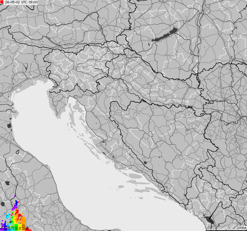 Map of lightnings across Bosnia and Herzegovina, Croatia, Slovenia