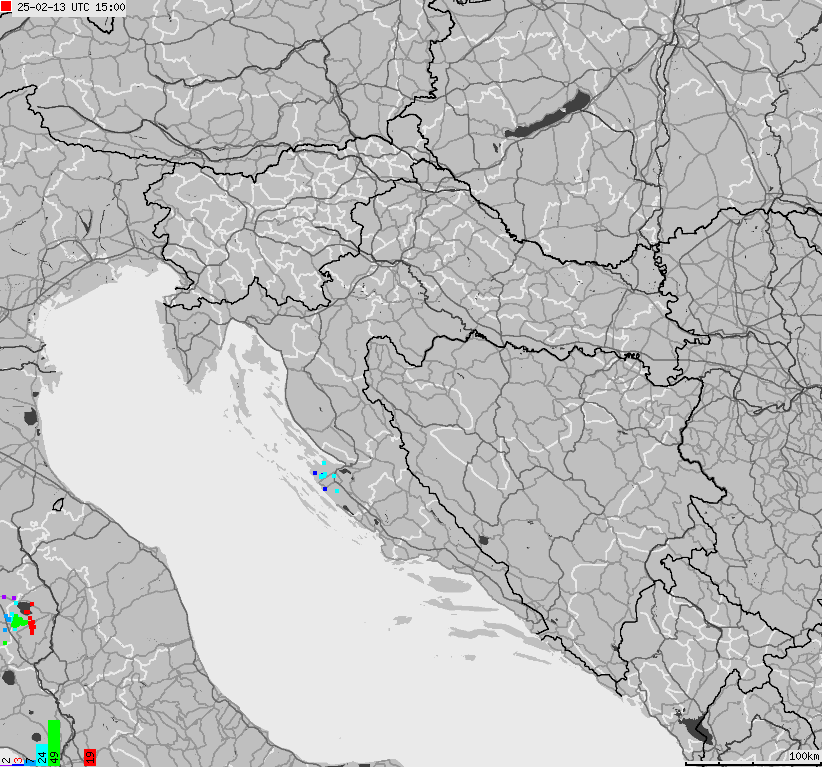 Mapa wyładowań atmosferycznych na obszarze Bośni i Hercegowiny, Chorwacji, Słowenii