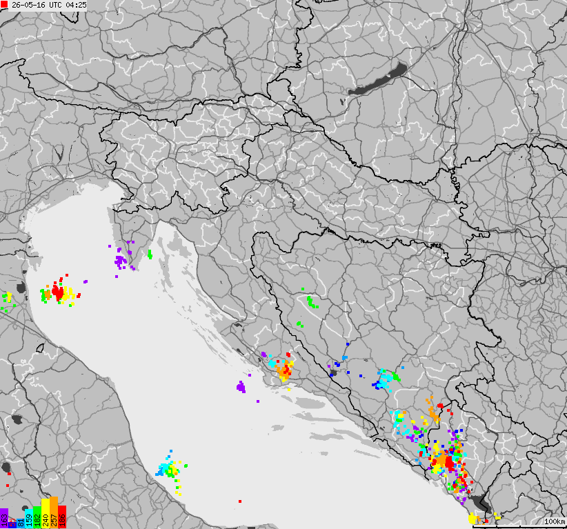 Map of lightnings across Bosnia and Herzegovina, Croatia, Slovenia