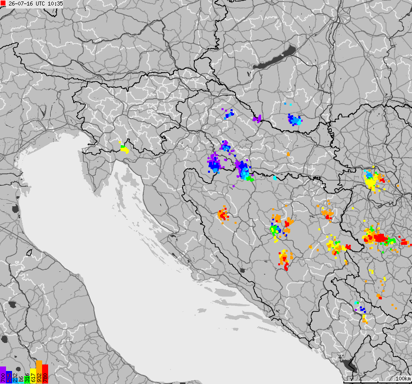 Mapa wyładowań atmosferycznych na obszarze Bośni i Hercegowiny, Chorwacji, Słowenii