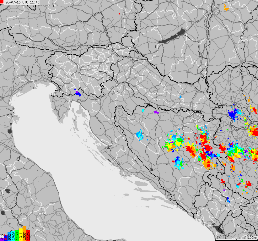 Mapa wyładowań atmosferycznych na obszarze Bośni i Hercegowiny, Chorwacji, Słowenii