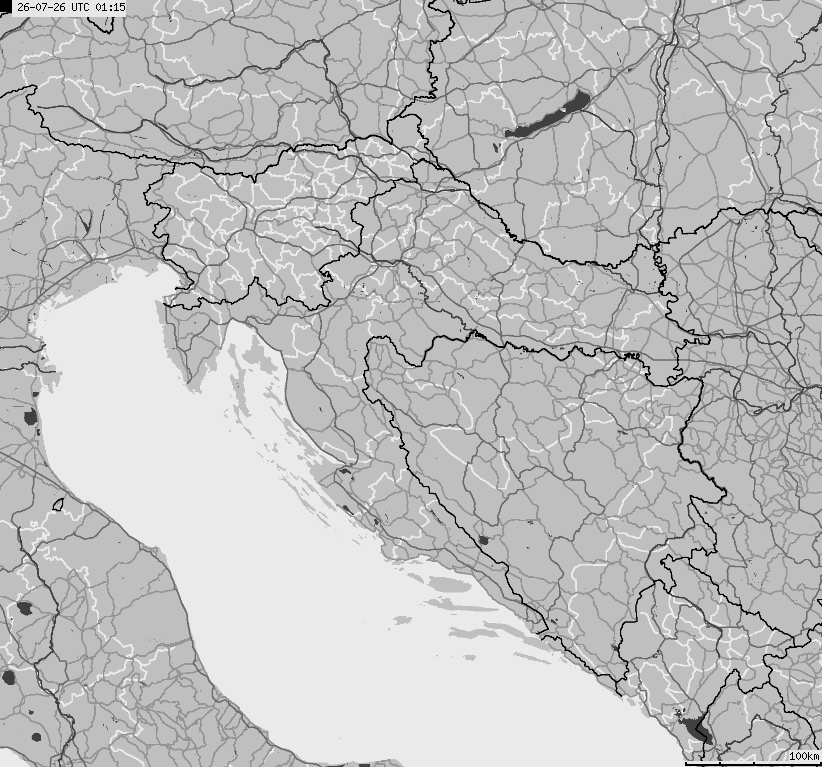 Mapa wyładowań atmosferycznych na obszarze Bośni i Hercegowiny, Chorwacji, Słowenii