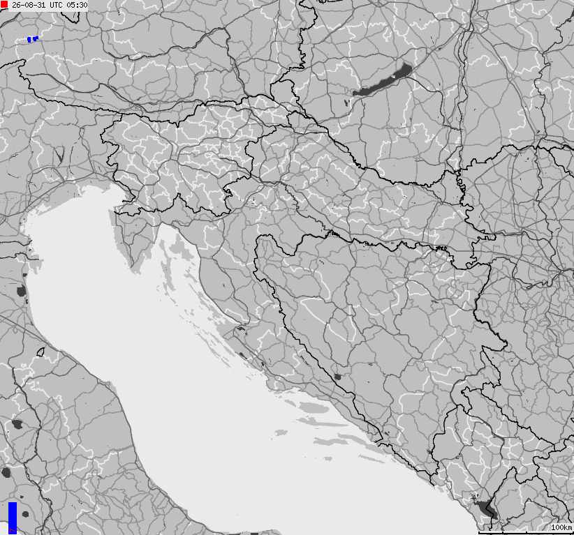 Mapa wyładowań atmosferycznych na obszarze Bośni i Hercegowiny, Chorwacji, Słowenii
