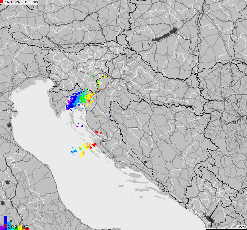 Map of lightnings across Bosnia and Herzegovina, Croatia, Slovenia