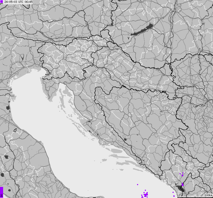Mapa wyładowań atmosferycznych na obszarze Bośni i Hercegowiny, Chorwacji, Słowenii